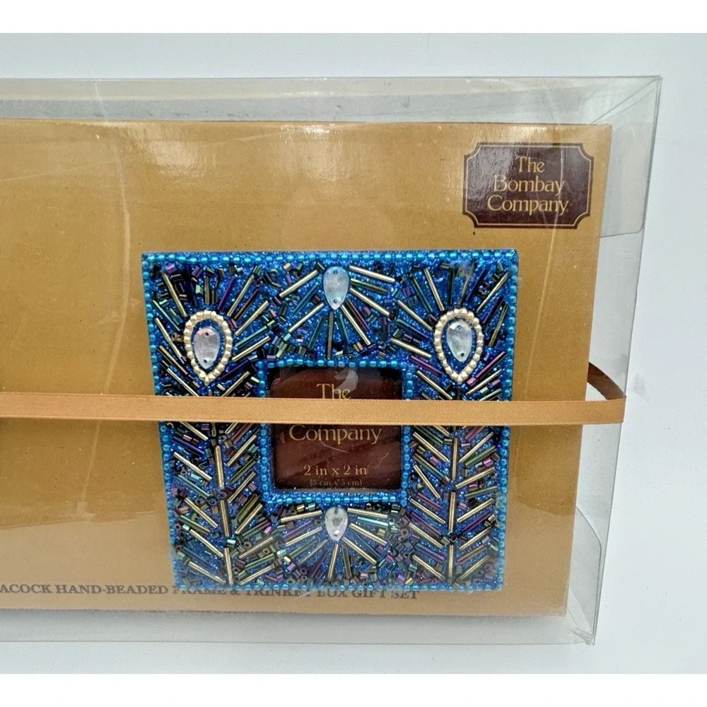The Bombay Co Blue‎ Peacock Hand Beaded Mirror And Trinket Box Gift Set New