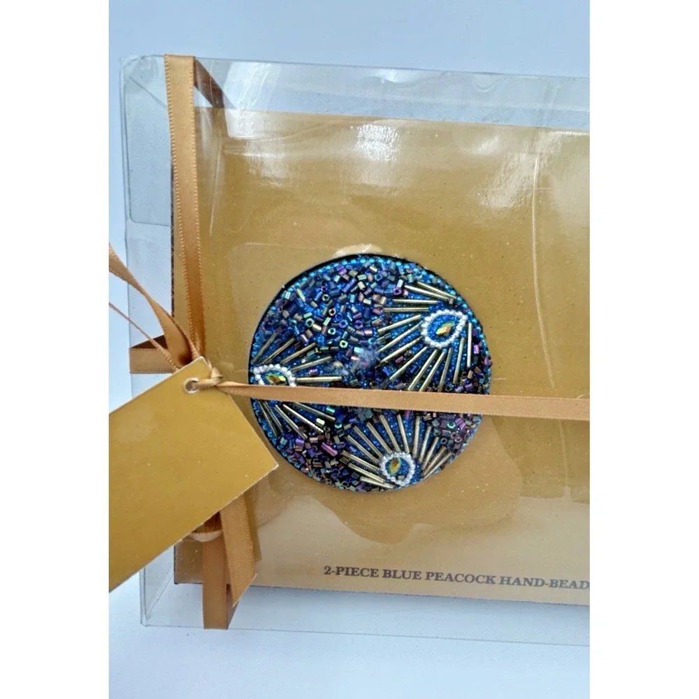 The Bombay Co Blue‎ Peacock Hand Beaded Mirror And Trinket Box Gift Set New