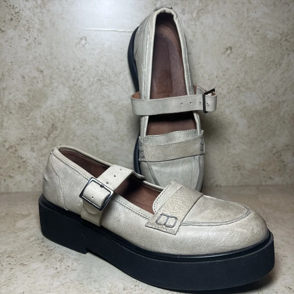 Vintage Free People Italian Leather Platform Mary Jane Loafer Chalk White 37 US7