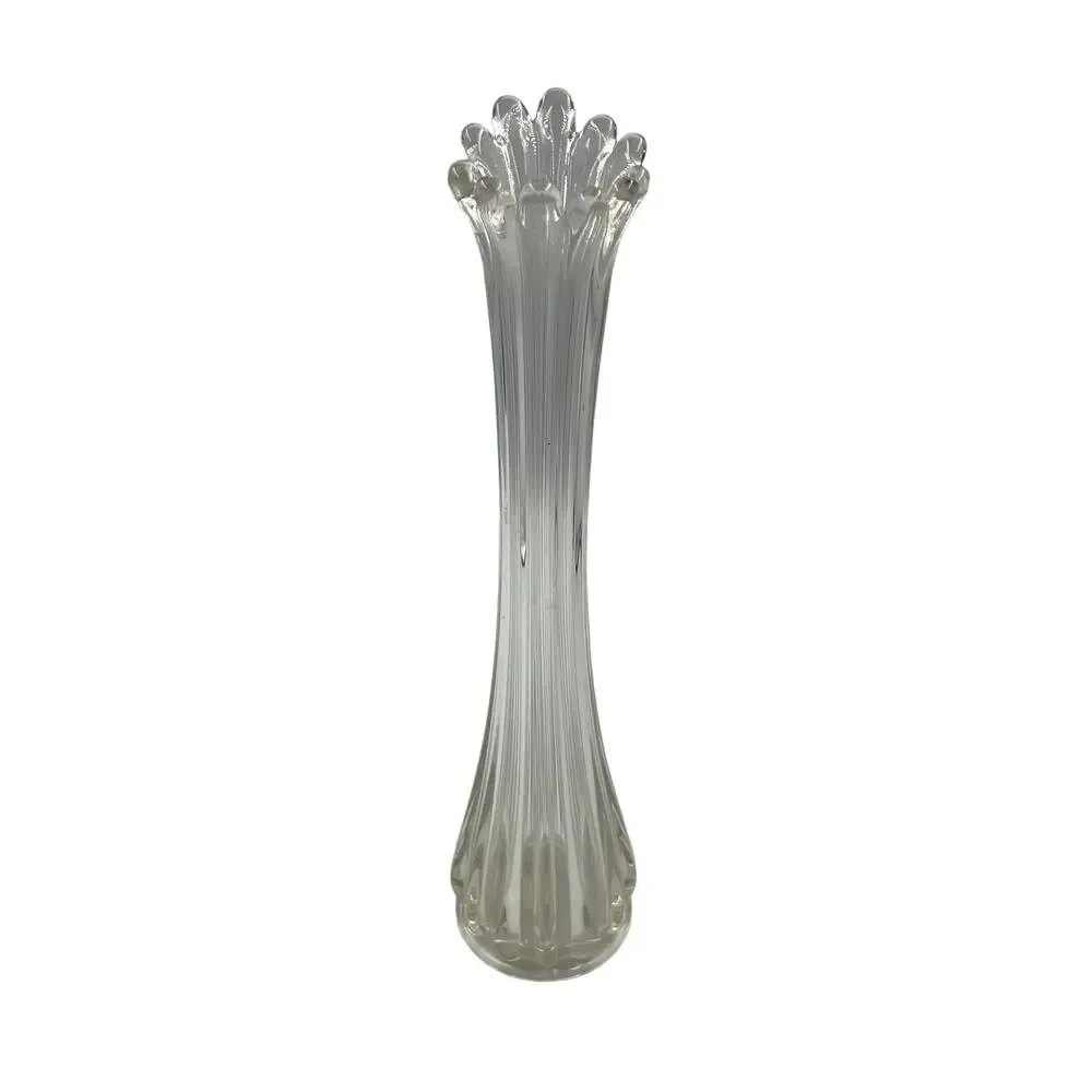 Vintage‎ Clear Glass Swung Stretch Vase Ribbed Ruffled Tear Drop Top MidCentury