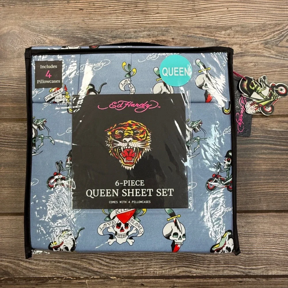Ed Hardy Queen Sheet Set 6 Piece Blue Tattoo Print Skulls Dagger New‎