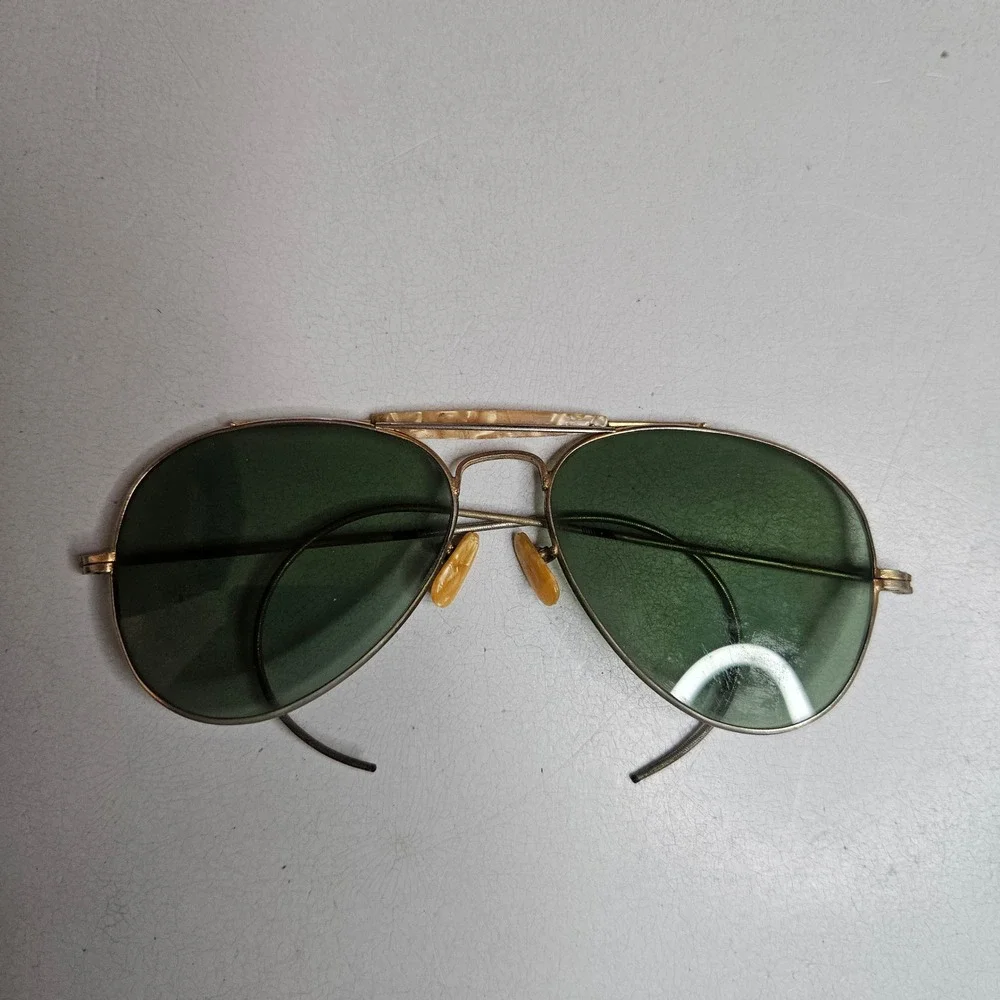 Vintage Gold Aviator‎ Sunglasses Green Lens Marbled Sweat Bar Cable Temples