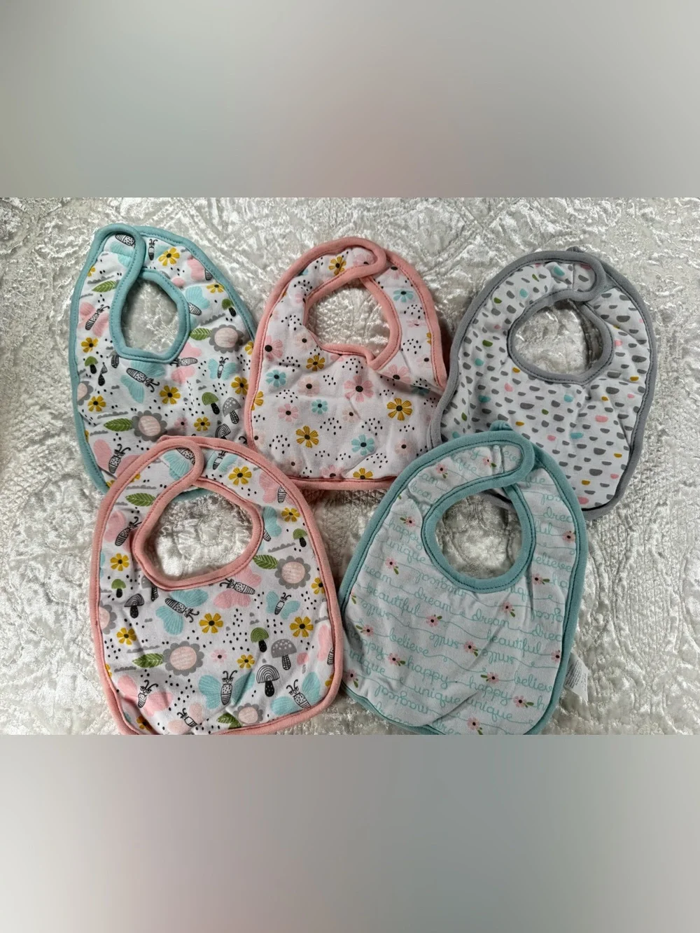 Baby Treasures Pastel Floral & Teal Baby Bib Set — 5 Soft Pink, Teal, Gray