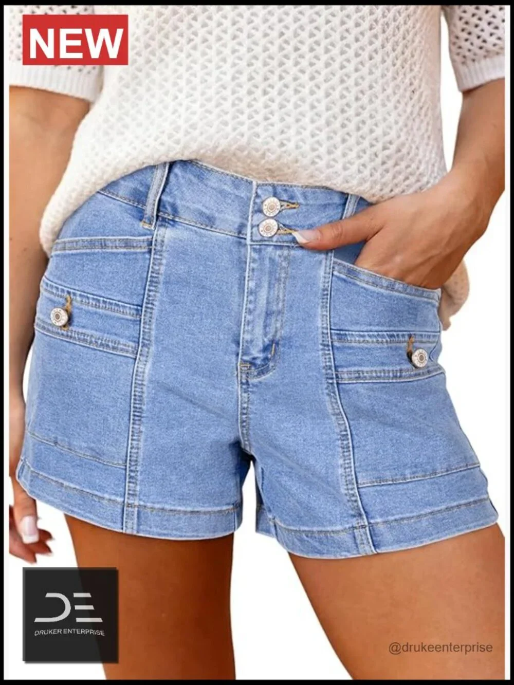 High Waisted Stretchy Denim Shorts Double Button Fly