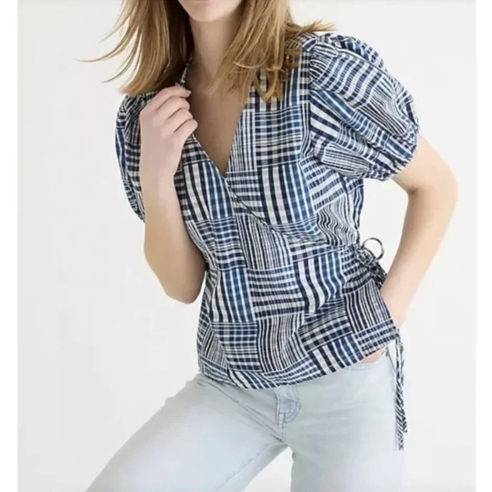J. Crew Puff Sleeve Wrap Top In indigo Patchwork Size Small NWTS