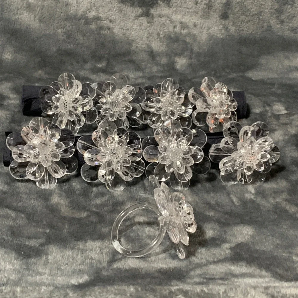 Clear Acrylic Flower Napkin Rings 3D Floral Set of 9 Party Wedding Shower