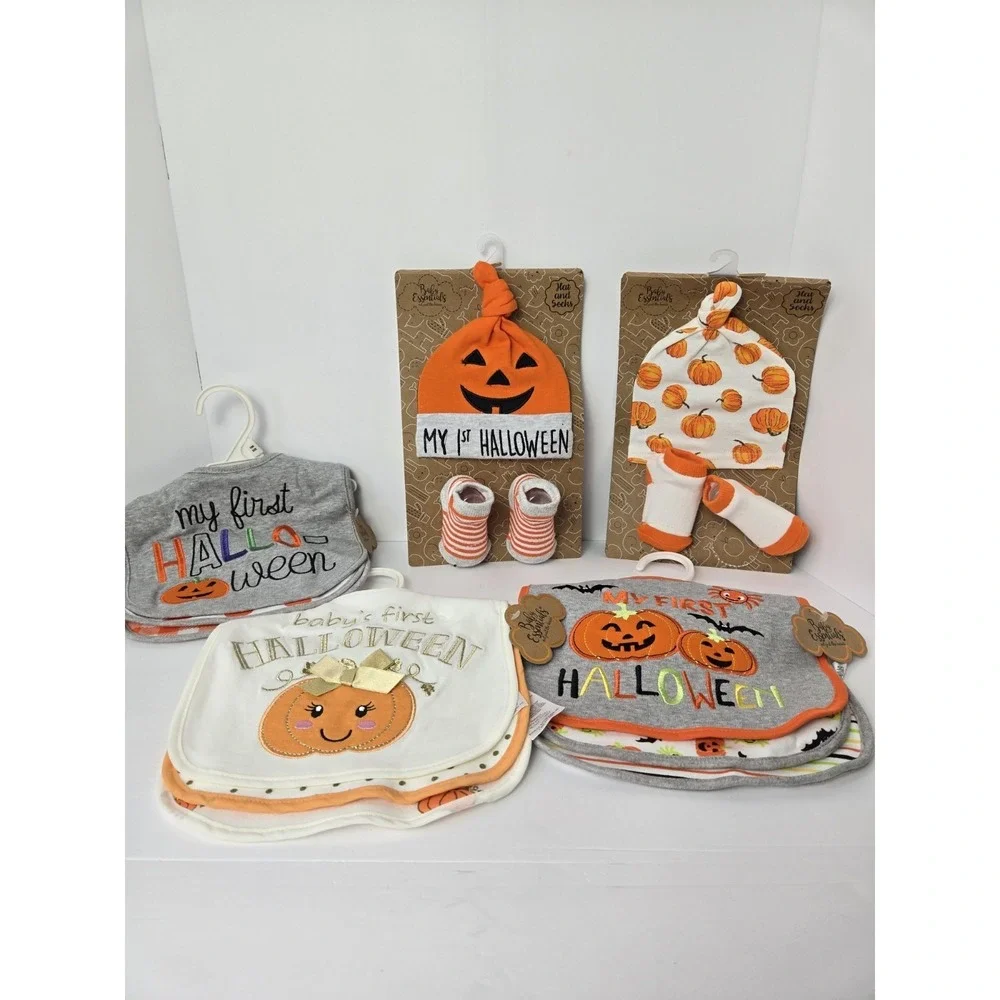 Baby Essentials Halloween‎ bib hat sock lot all NWT First Halloween Fall