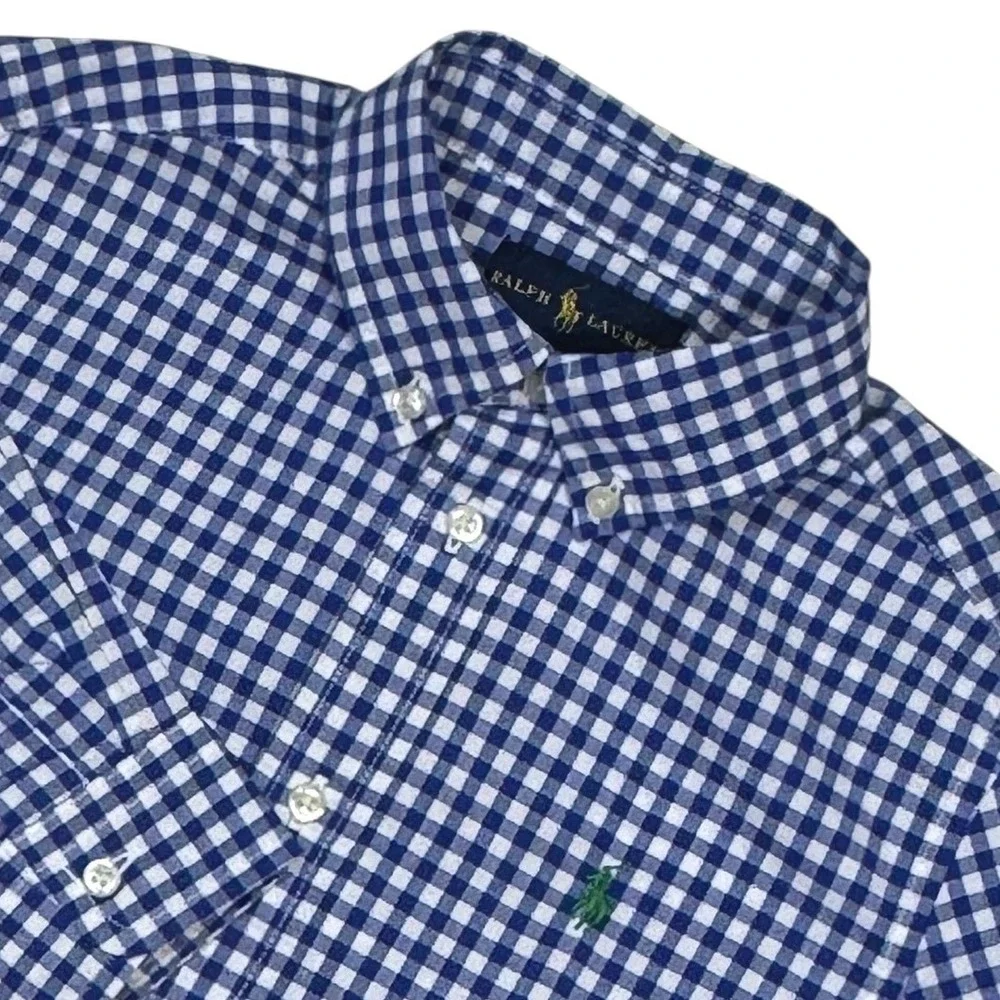 Ralph Lauren Boys Blue White Gingham Button Down Shirt Size‎ 7 Long Sleeves Pony