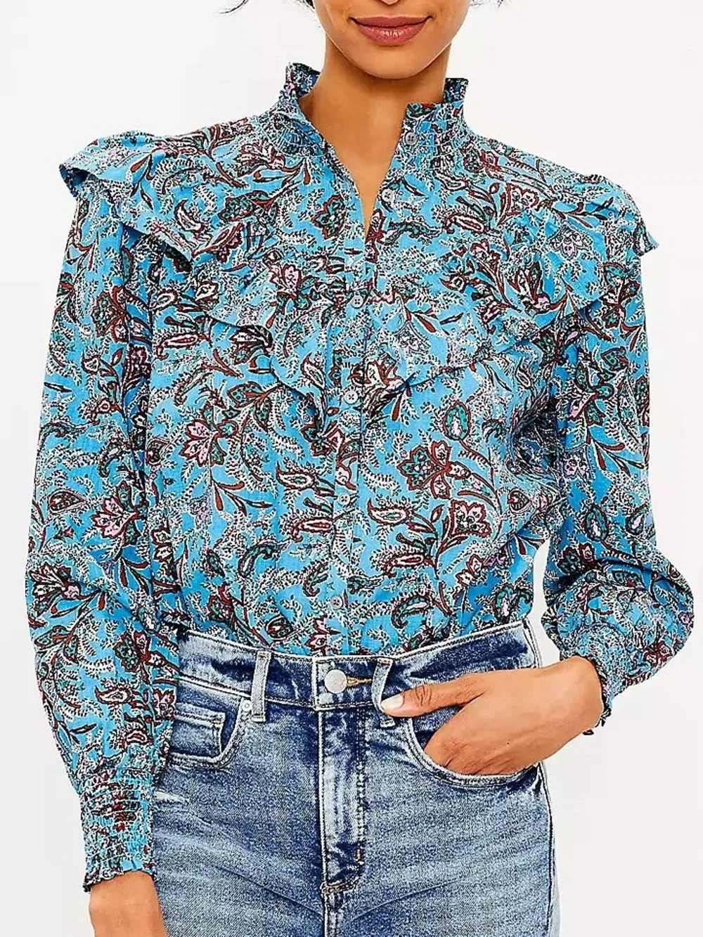 LOFT Bouquet Ruffle Blue Yoke Long Sleeve Button Down Puff Sleeve Shirt‎ Sz L
