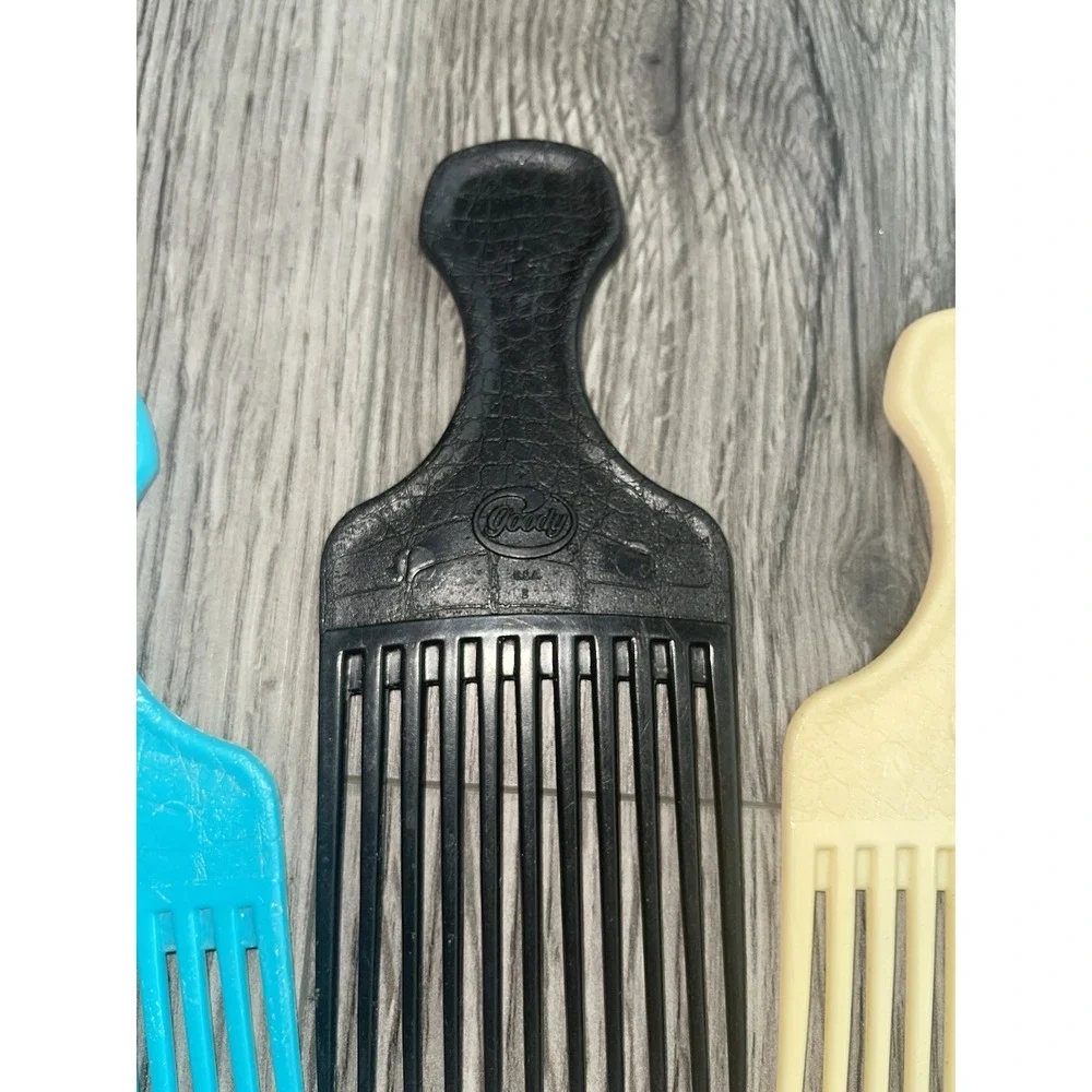 Vintage Goody USA Hair Picks/Lift Combs Textured Plastic Black Cream & Turquoise