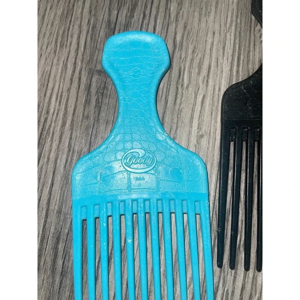 Vintage Goody USA Hair Picks/Lift Combs Textured Plastic Black Cream & Turquoise