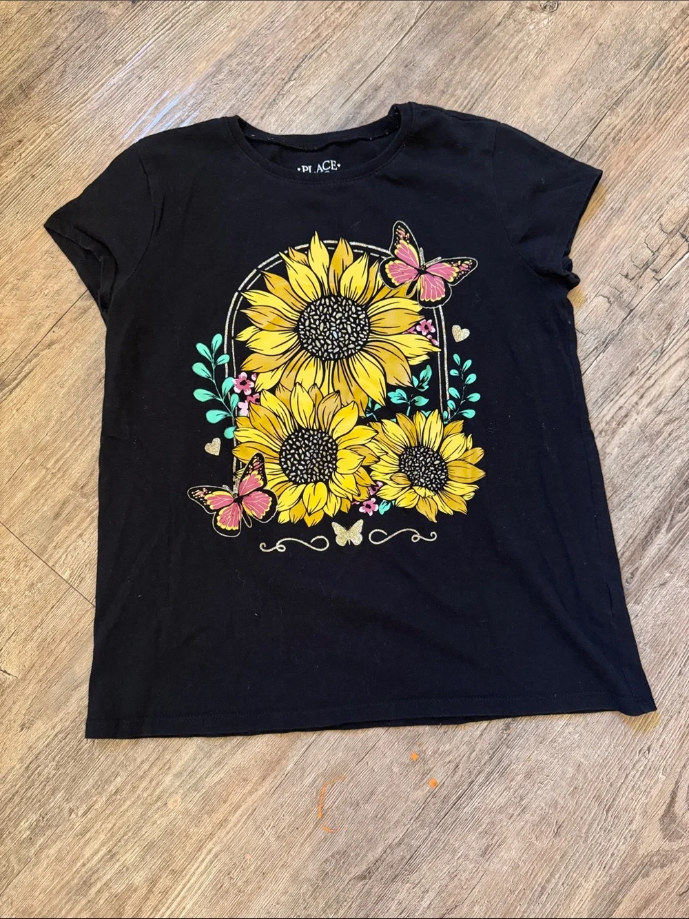 The Children's Place Black Tee with Yellow Sunflowers and Pink Butterflies