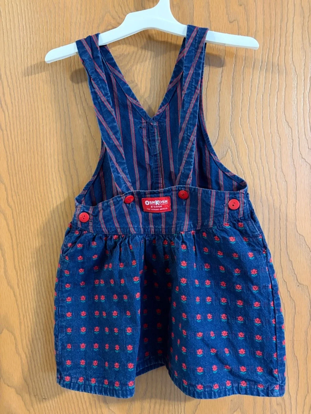 Vintage OshKosh‎ Toddler Girls Blue & Red Flower Striped Pinafore Dress 3T