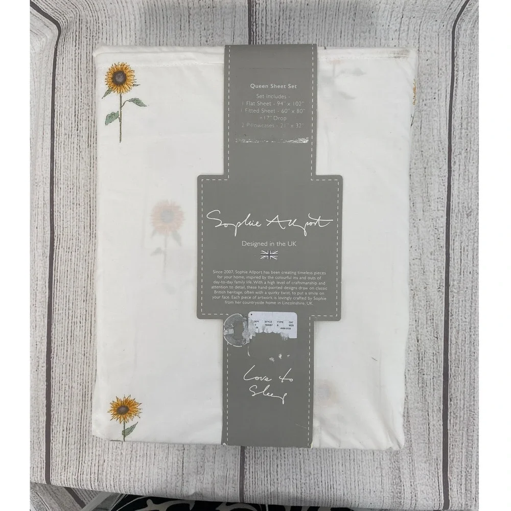Sophie Allport Sheet Set QUEEN Sunflowers White Floral 100% Cotton 200TC Percale