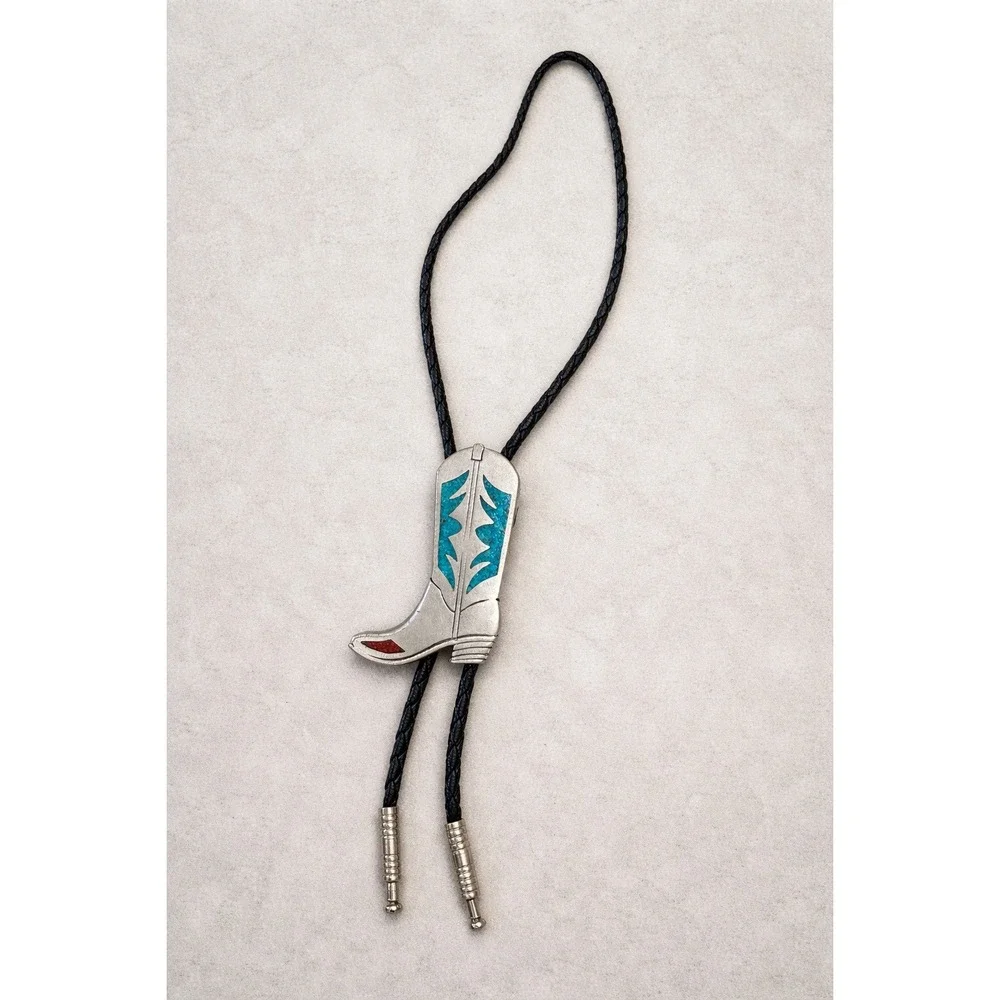 EGE Vintage Western Bolo Tie Cowboy Boot‎ Turquoise Inlay Silver Tone Black Cord
