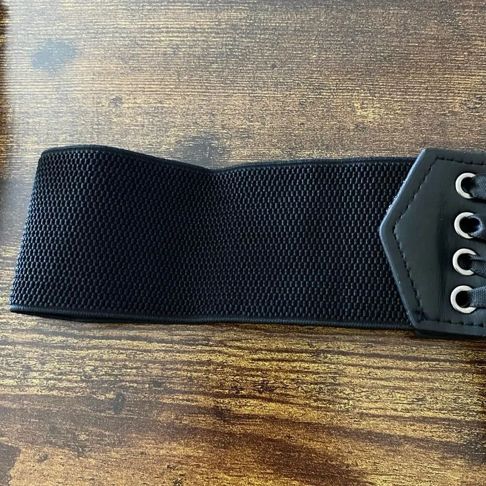 Black Y2K Lace Up Corset Stretch Wide Waist Belt, Fits Up to 27 Inches, X7GA1312