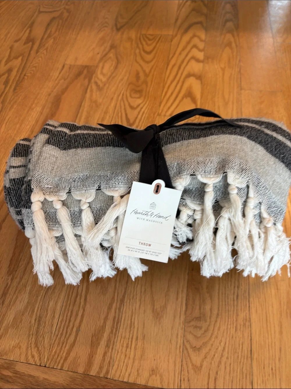 Hearth & Hand Gray and Cream Striped Tassel Throw