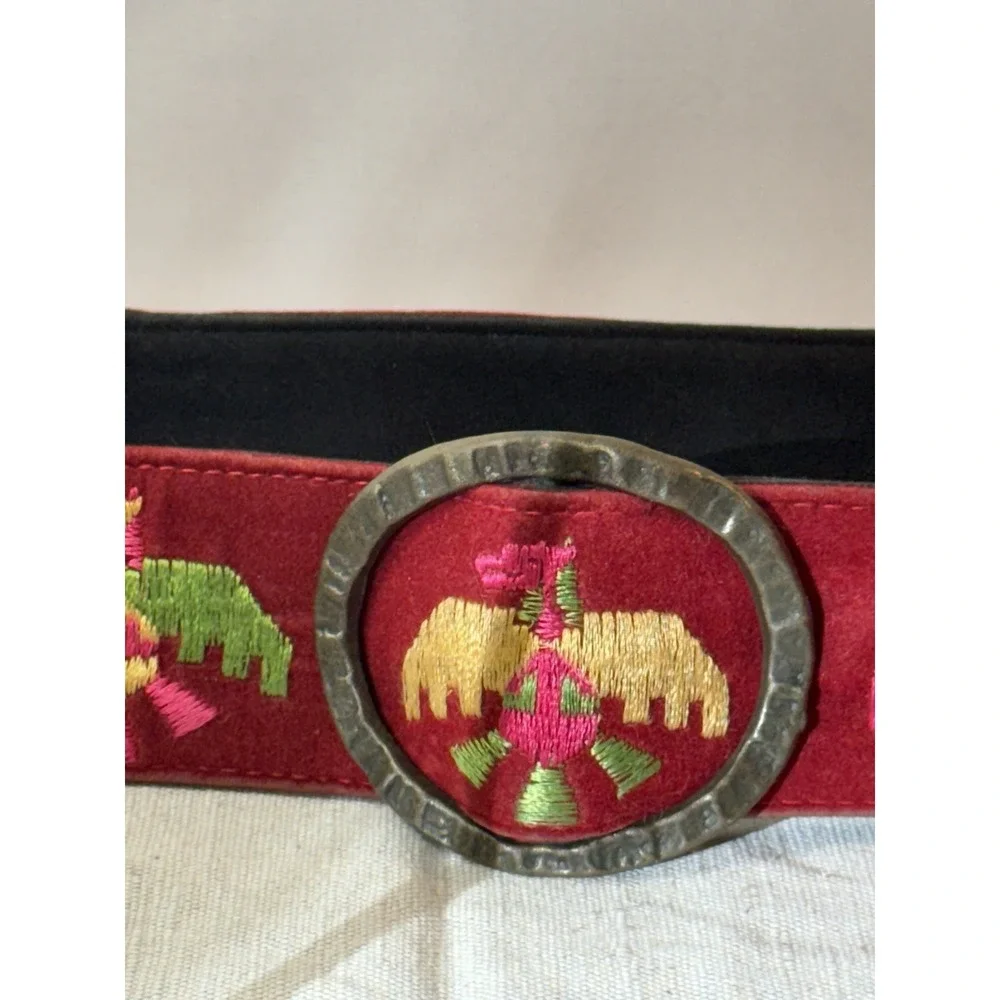 Vintage Red embroidered Thunderbird Indian Eagle belt with hand, hammered buckle
