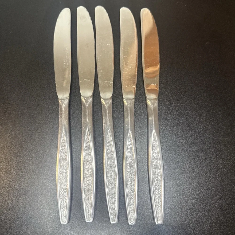 vtg Stainless Steel Flatware CUD3 Custom Design Japan 5 Knives‎ MCM textured
