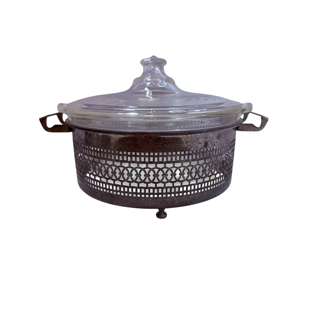Pyrex Clear‎ Glass Etched Floral Casserole Dish with Silver Filigree Cradle Antq