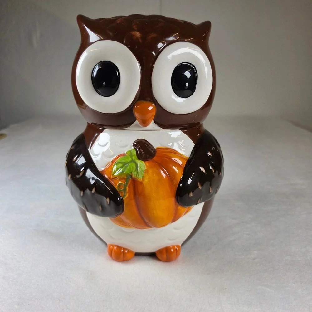 Home‎ Accents Ceramic Owl Cookie Jar with Pumpkin Fall Thanksgiving Decor Brown