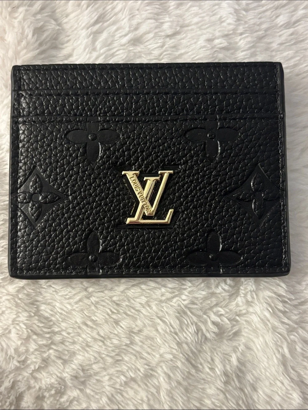 Brand New !! FASHION Black Embossed Monogram Card Holder with Gold LV Emblem