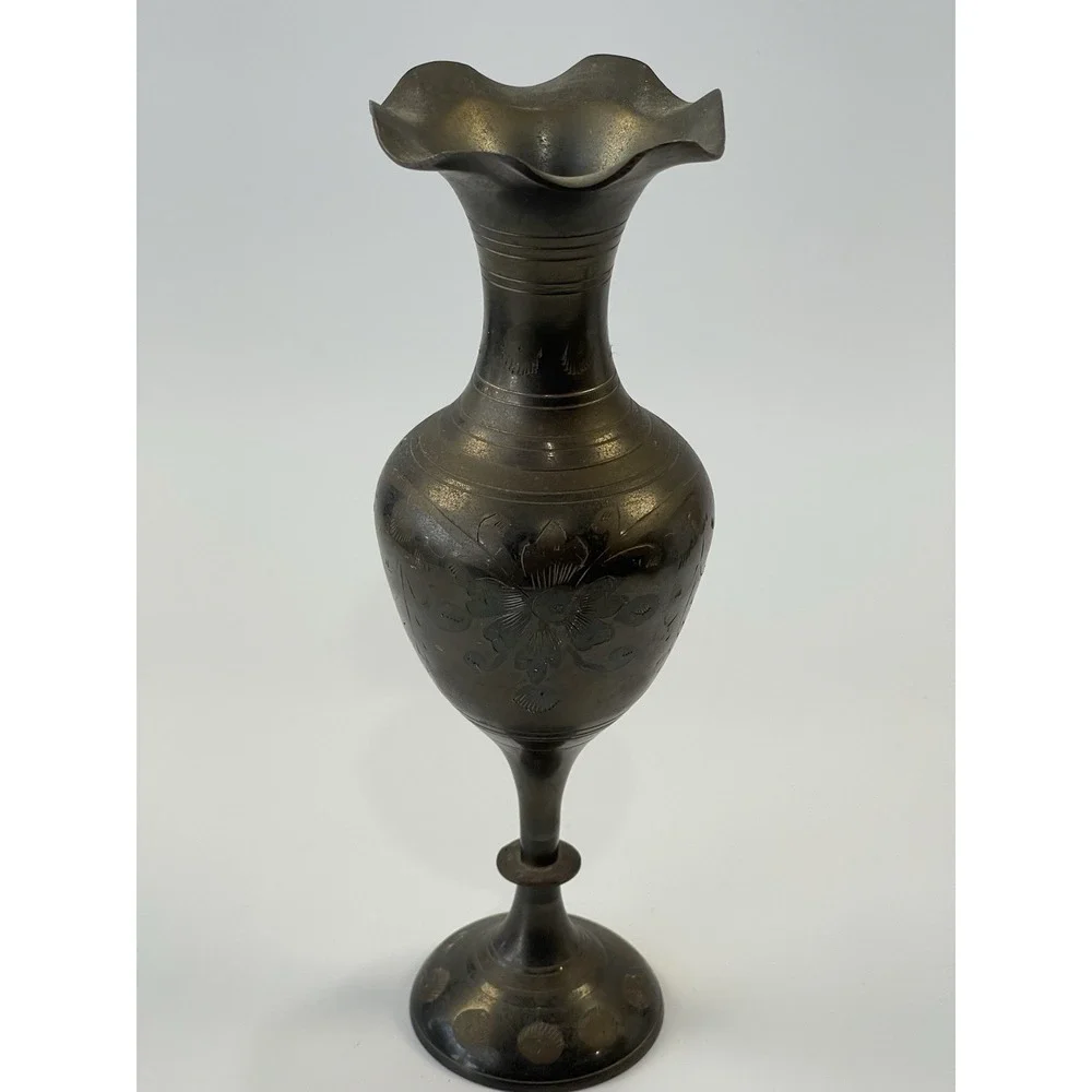 Flower Vase Solid Brass Hand Etched Floral  8