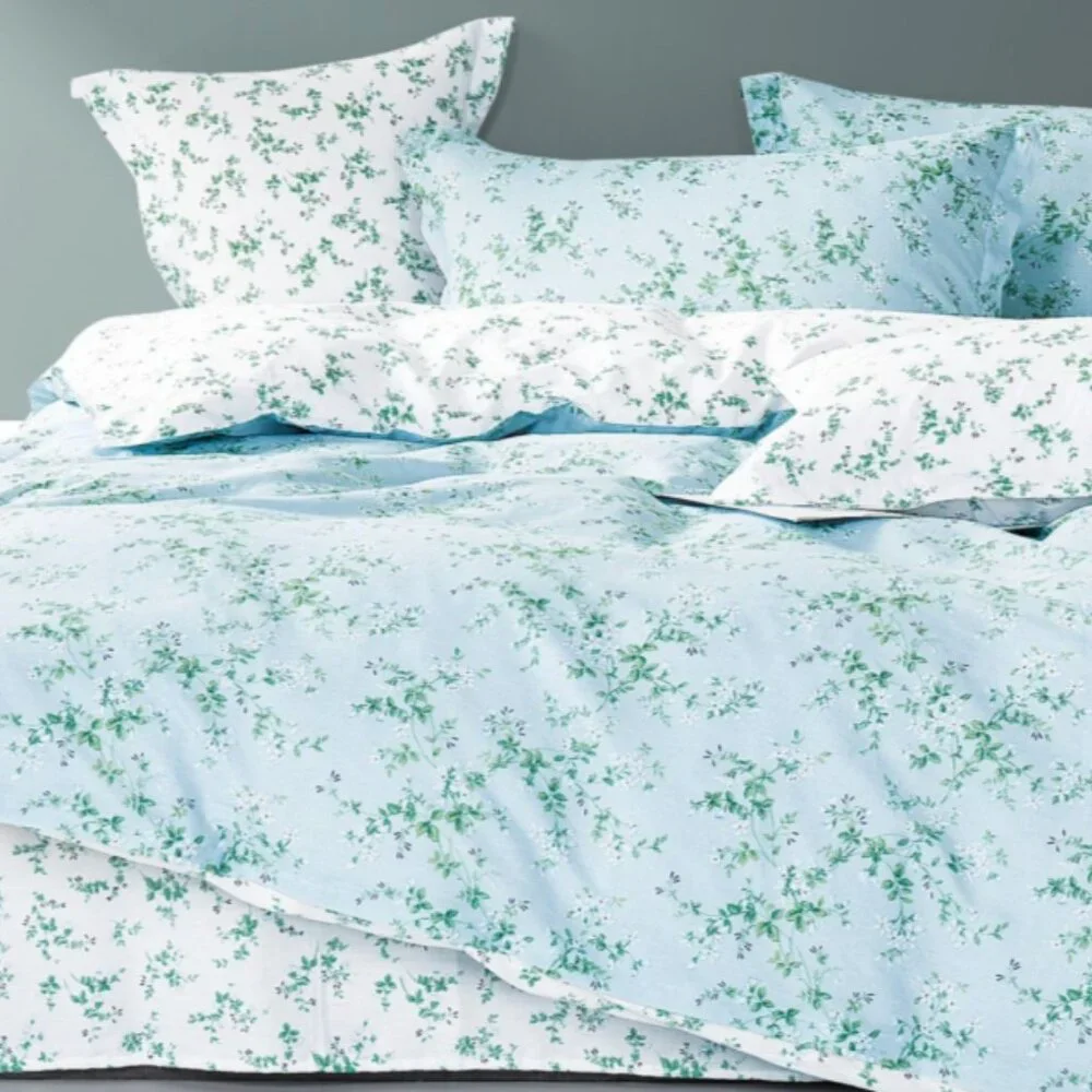 Summer‎ Eve Blue/Green Floral 100% Cotton Reversible Comforter Set Cottagecore