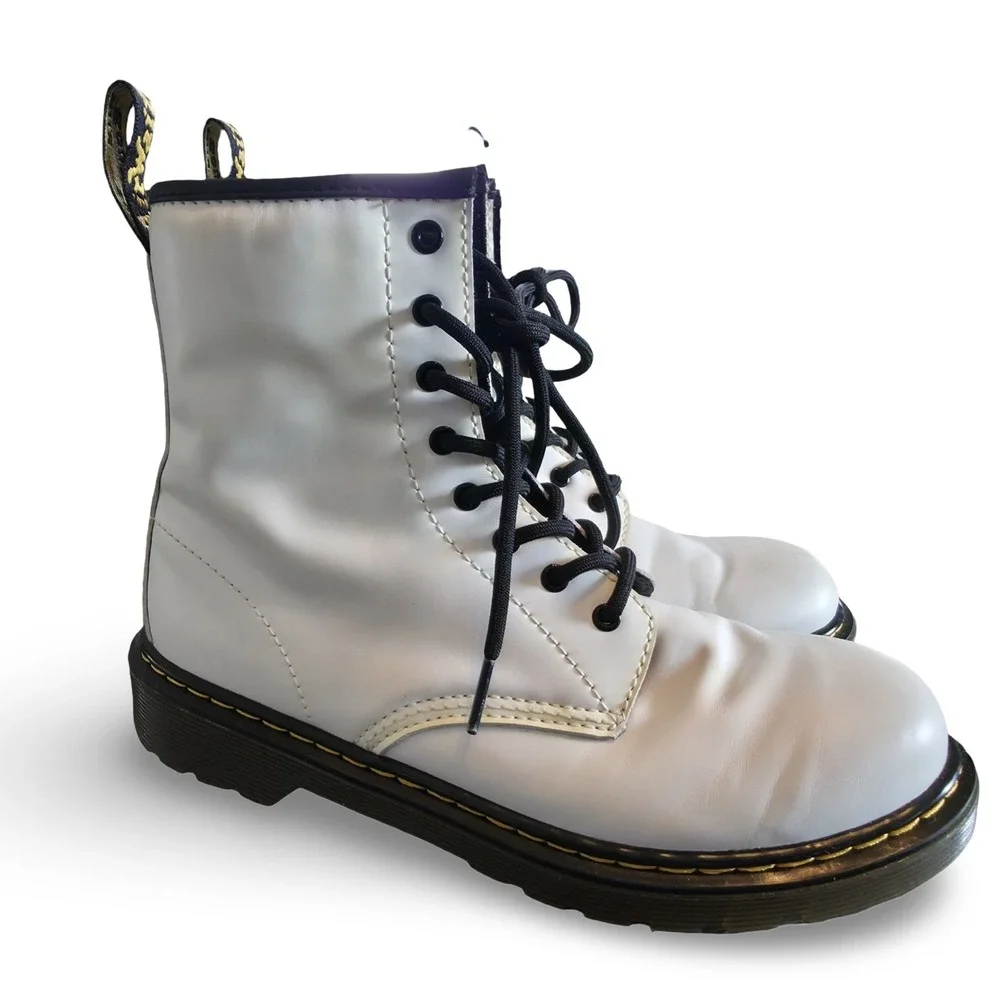 Dr. Martens 1460 Y White Leather Boots Youth Size 5 Women 6 Side Zip‎ Combat Doc