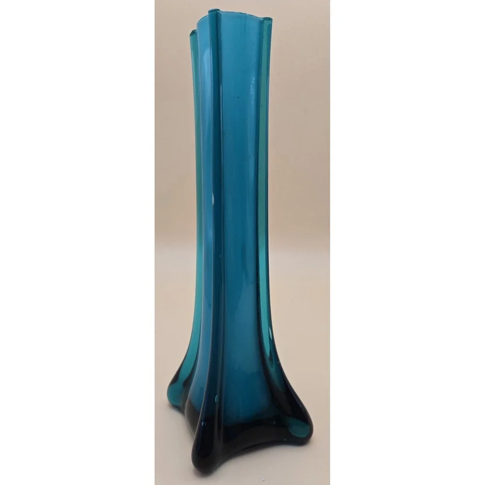 Vintage Teal‎ Vase MCM 1970's Hand Blown Fostoia Footed Vase 8