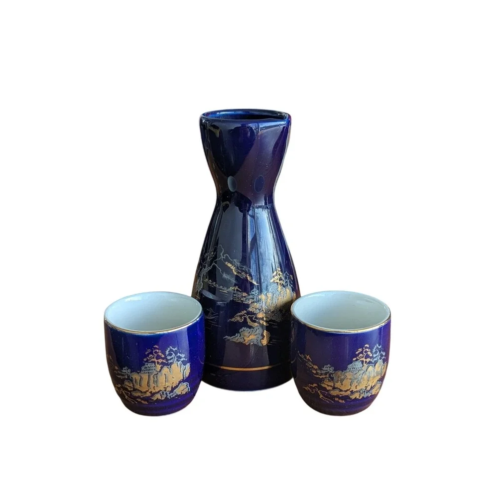 Vintage‎ Japanese Sake Set Cobalt Blue Gold Landscape Porcelain Carafe 2 Cups