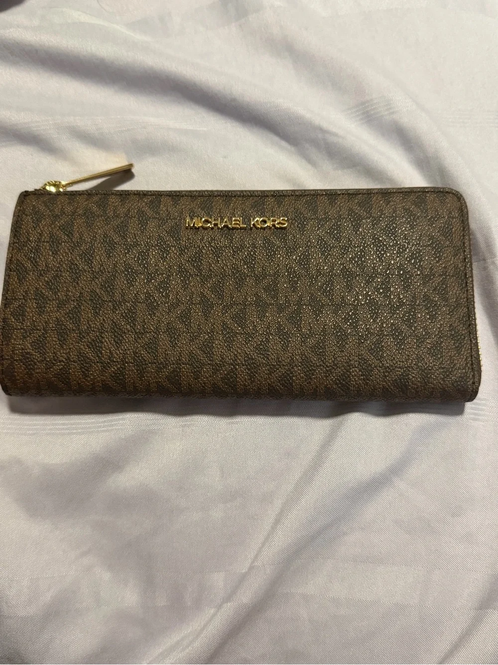 Michael Kors Brown Monogram Zip Wallet with Gold Logo