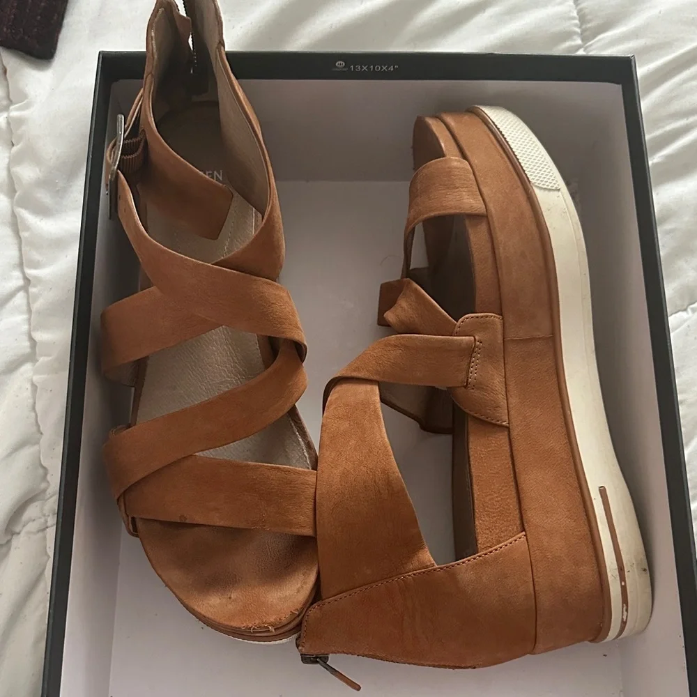 Eileen Fisher Tan Suede Crisscross Platform Sandals