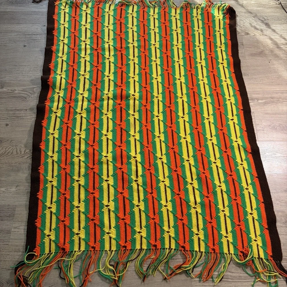 70s Vtg Diamond‎ Crochet Knitted Afghan Blanket Brown Orange Retro Handmade