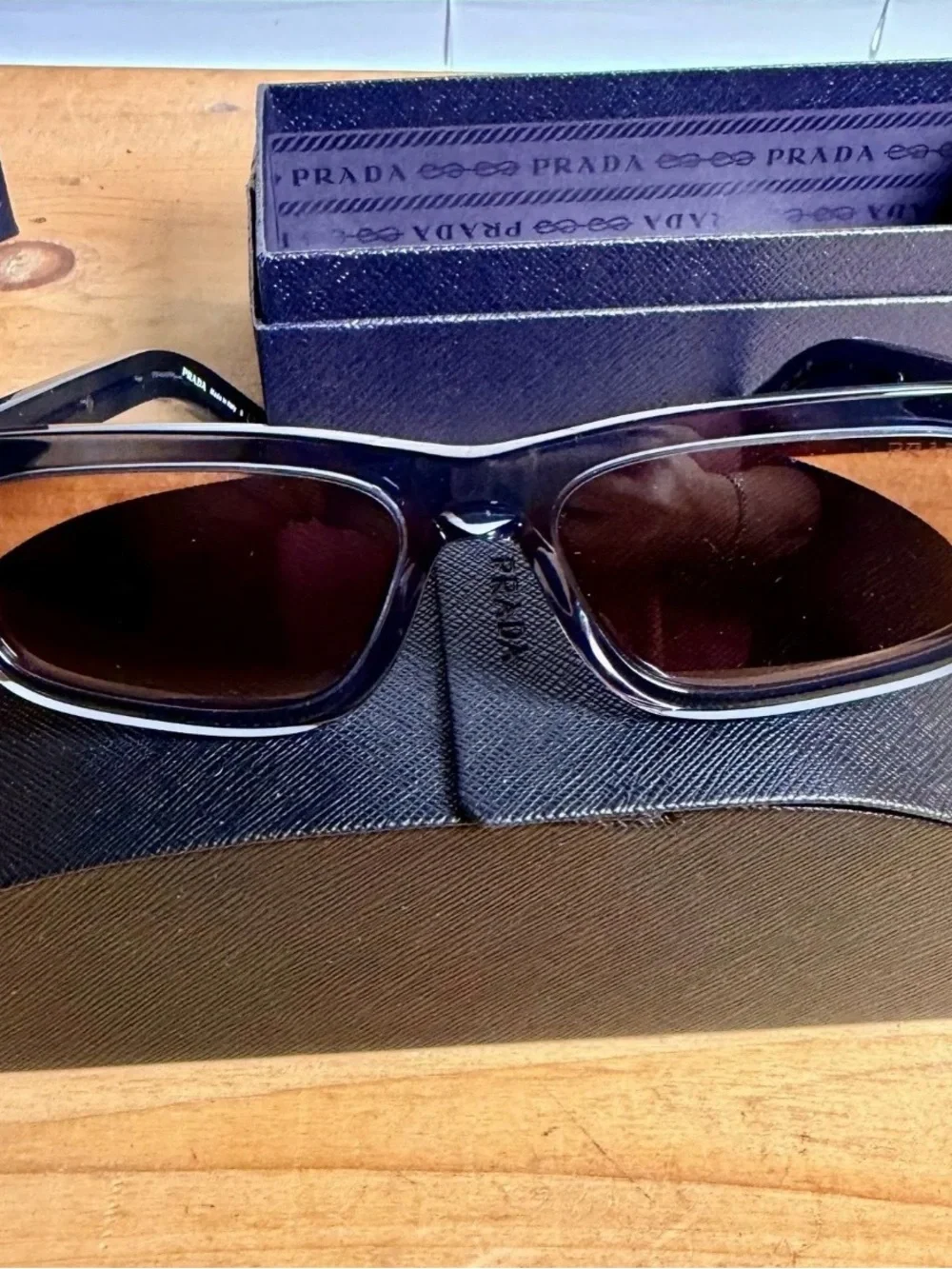 Prada Black Rectangular Sunglasses with Dark Brown Lenses