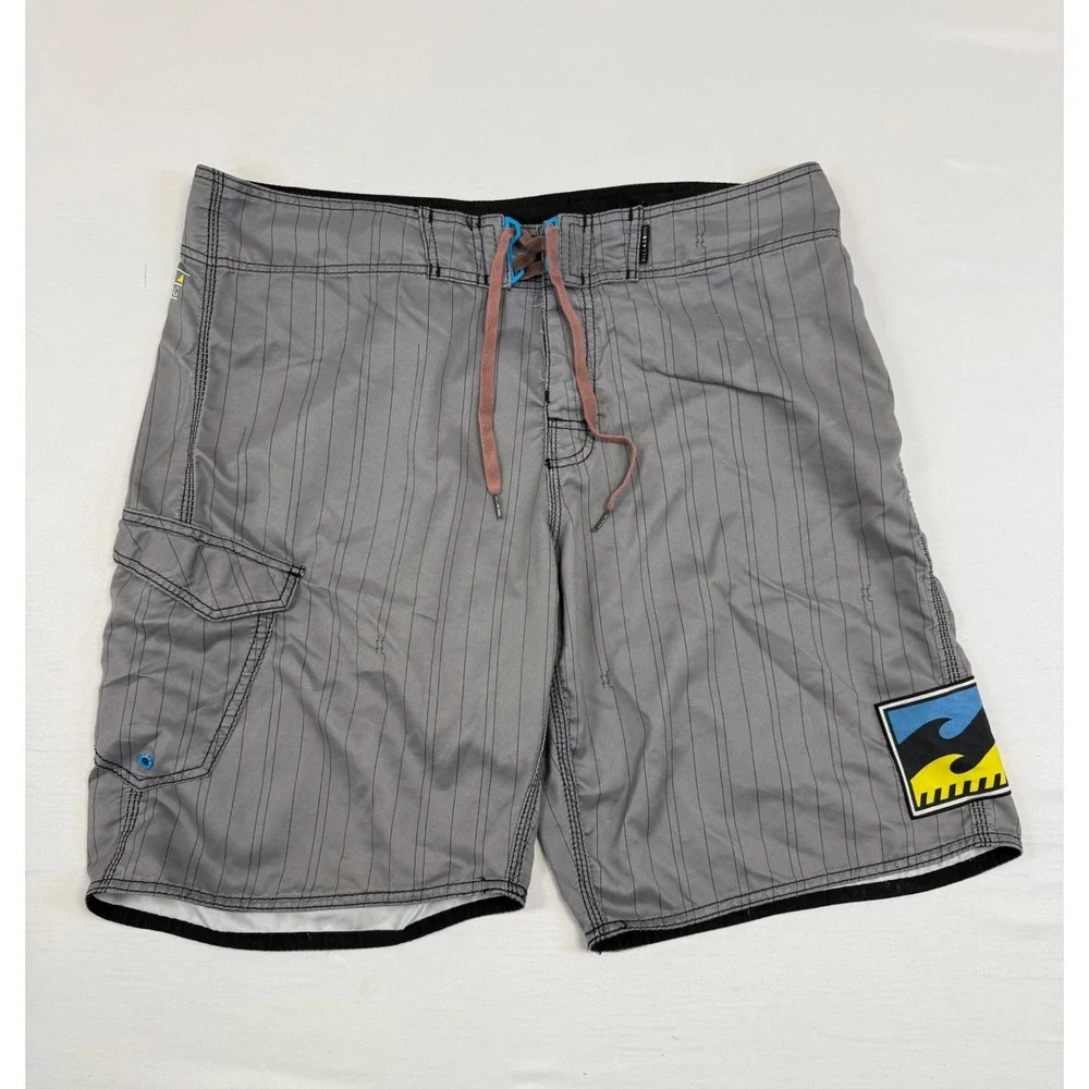 Billabong‎ Mens Grey Pinstripe Board Shorts Cargo Pocket Swim Trunks Size 38
