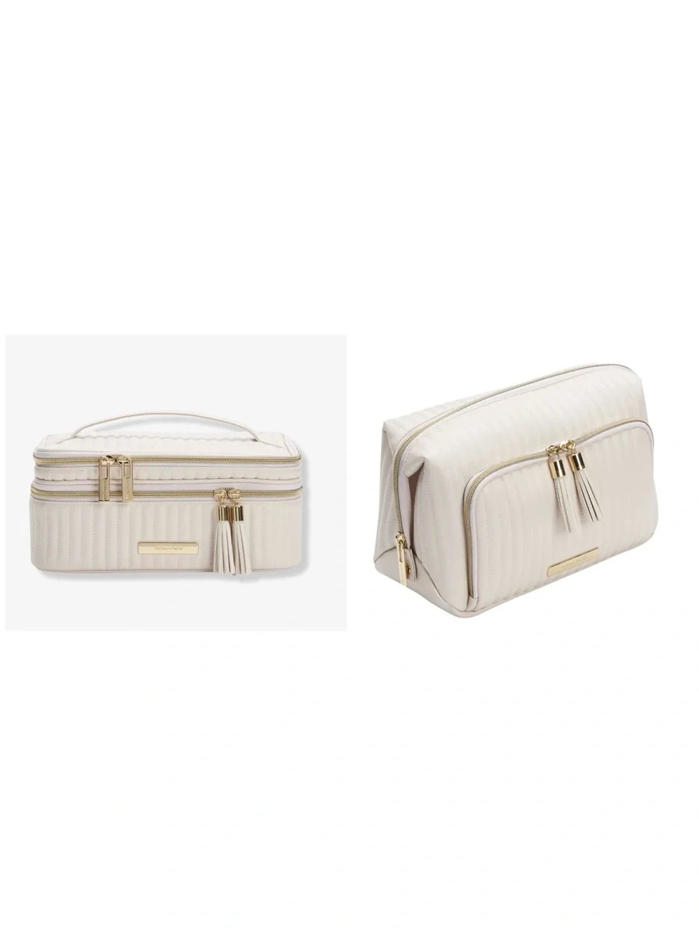 $98 TARTAN + Twine Cream Quilted Cosmetic & Toiletry Travel Case w/Tassel Zipper