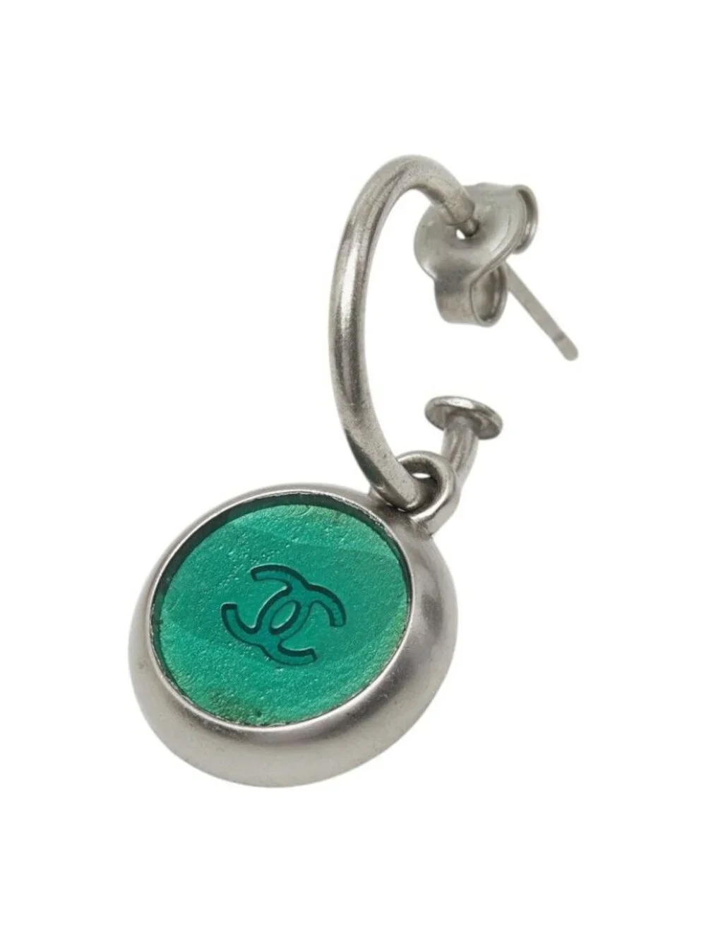 Chanel CC Logo Single Earring Silver Green Metal