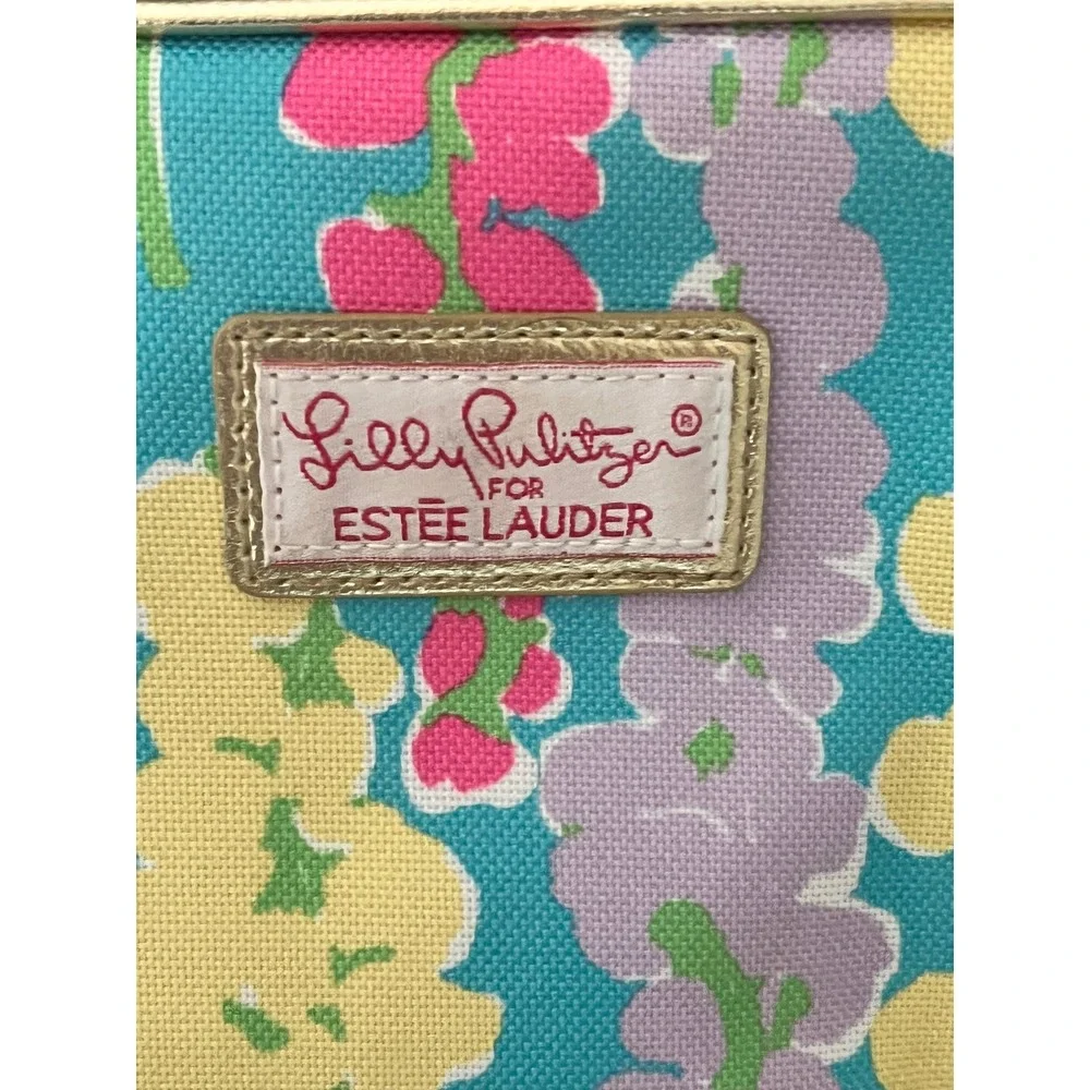Lilly Pulitzer for Estee Lauder Floral Makeup Bag Cosmetic Pouch Blue Pink Gold
