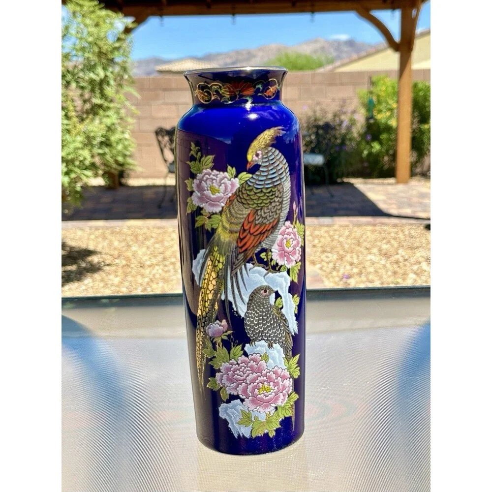 Vintage Japanese Kutani Cobalt Blue Porcelain Vase - Pheasant & Peony Motif