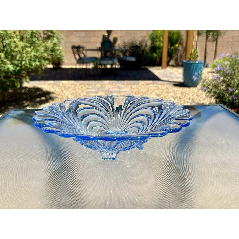 Cambridge Moonlight Blue Caprice 4 toed footed Glass Bowl Scalloped Rim 10 5/8
