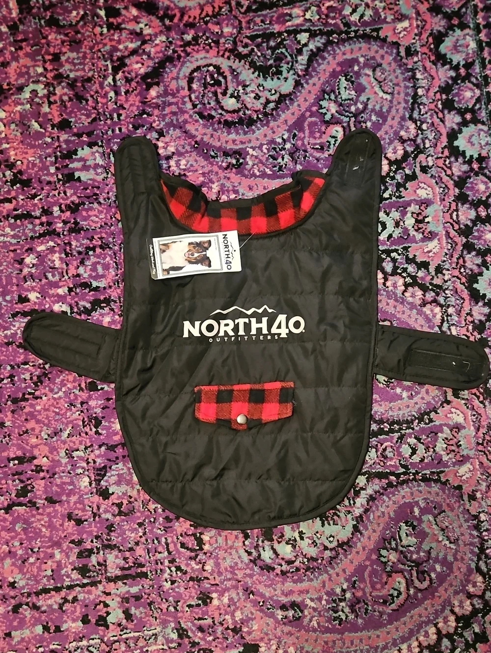 North 40 Black Quilted Dog Coat with Red Buffalo Plaid Trim