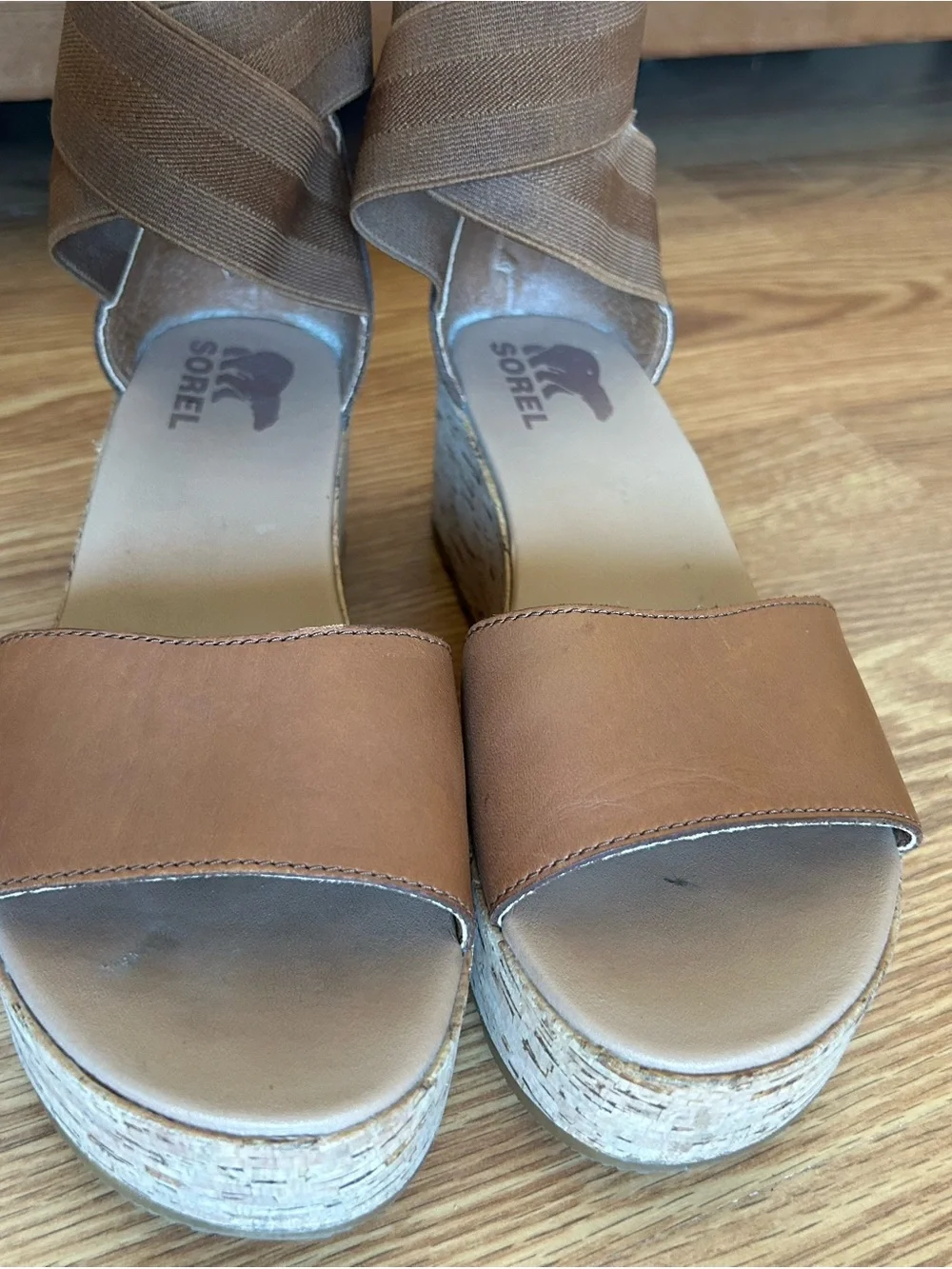 Sorel Cameron Brown Cork Wedge Sandals with Elastic Ankle Straps