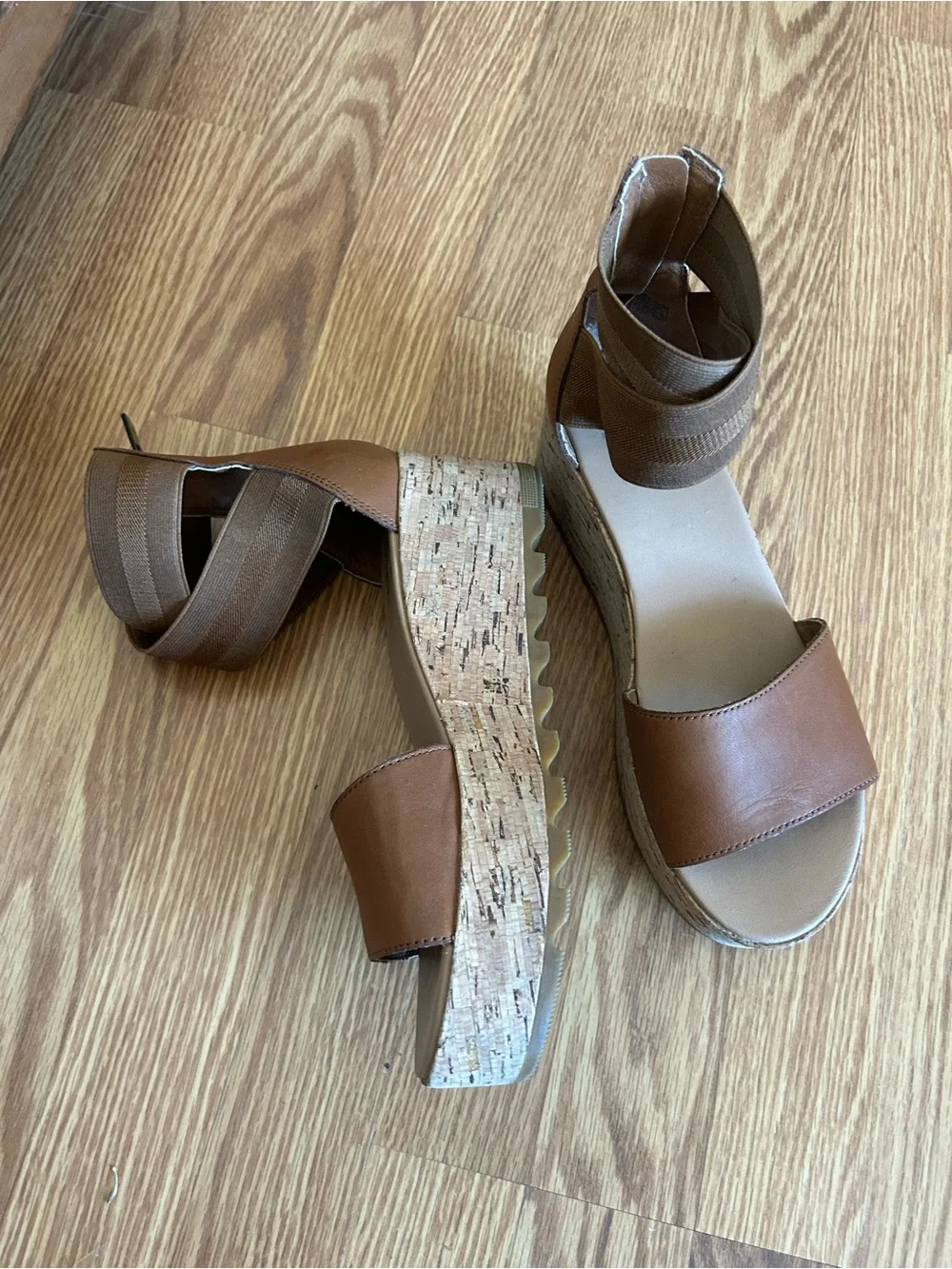 Sorel Cameron Brown Cork Wedge Sandals with Elastic Ankle Straps