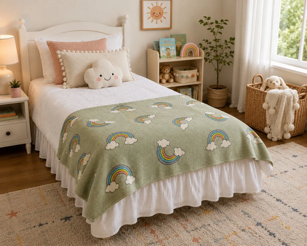 Anthropologie Kids Rainbow Cloud Knit Blanket 62x53 Sage Green 100% Cotton