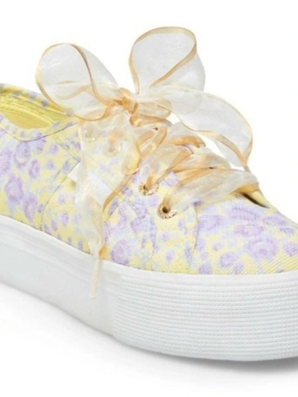 LoveShackFancy Pastel Yellow & Lavender Platform Sneaker with Sheer Ribbon