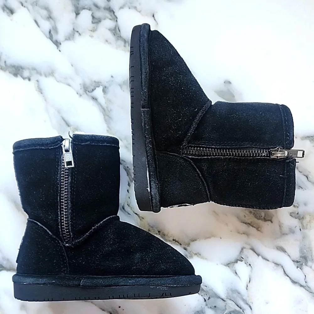 BEARPAW Emma Toddler Size 7 Black Suede Sherpa Lined Zip Winter Boots