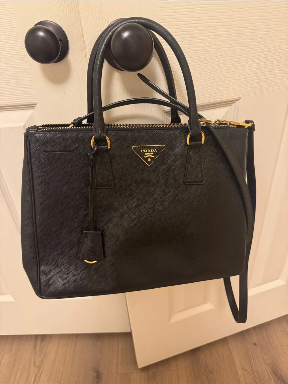 Prada Black Saffiano Leather Top-Handle Satchel with Gold Hardware