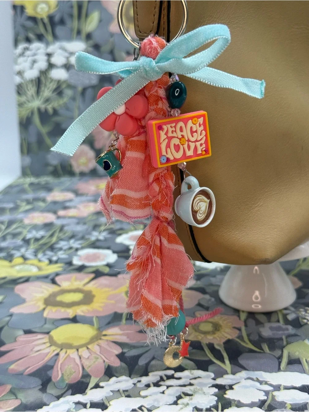 👑Adorned Crown Jewelry purse bag charm keychain peace love coffee fabric tassel