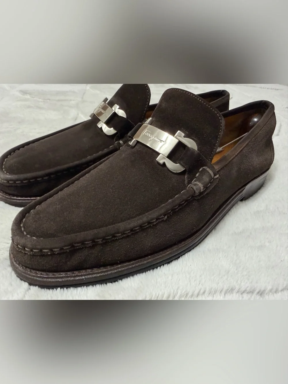 MINT! $950 Salvatore Ferragamo Dark Brown Suede Gancini Buckle Bit Loafers 11 D